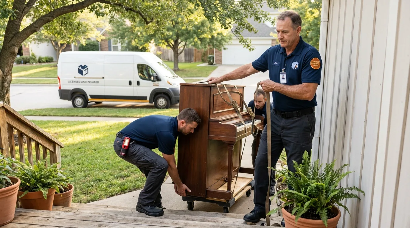 Licensed piano movers securing grand piano in Dresden, OH