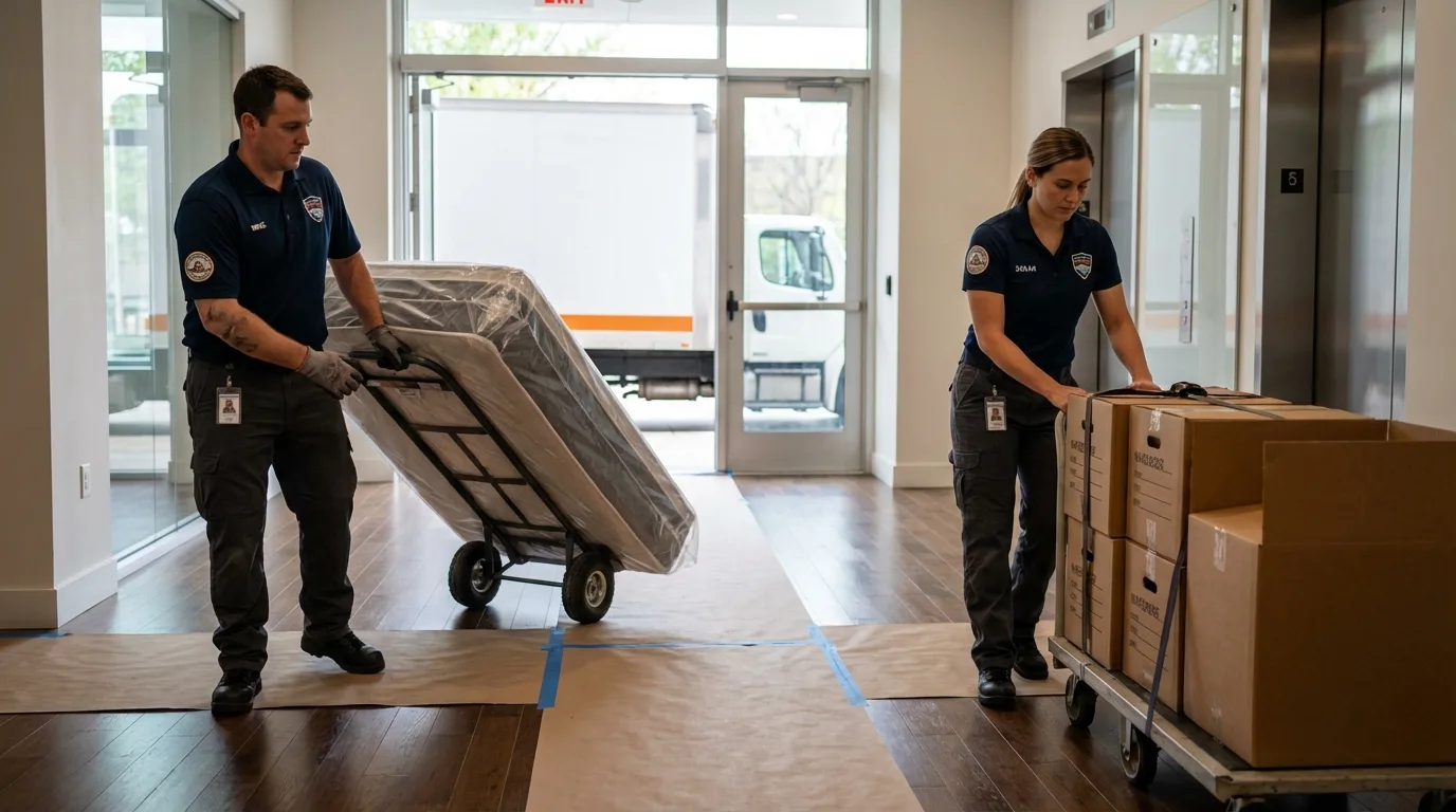 Professional apartment movers loading elevator in Dresden, OH